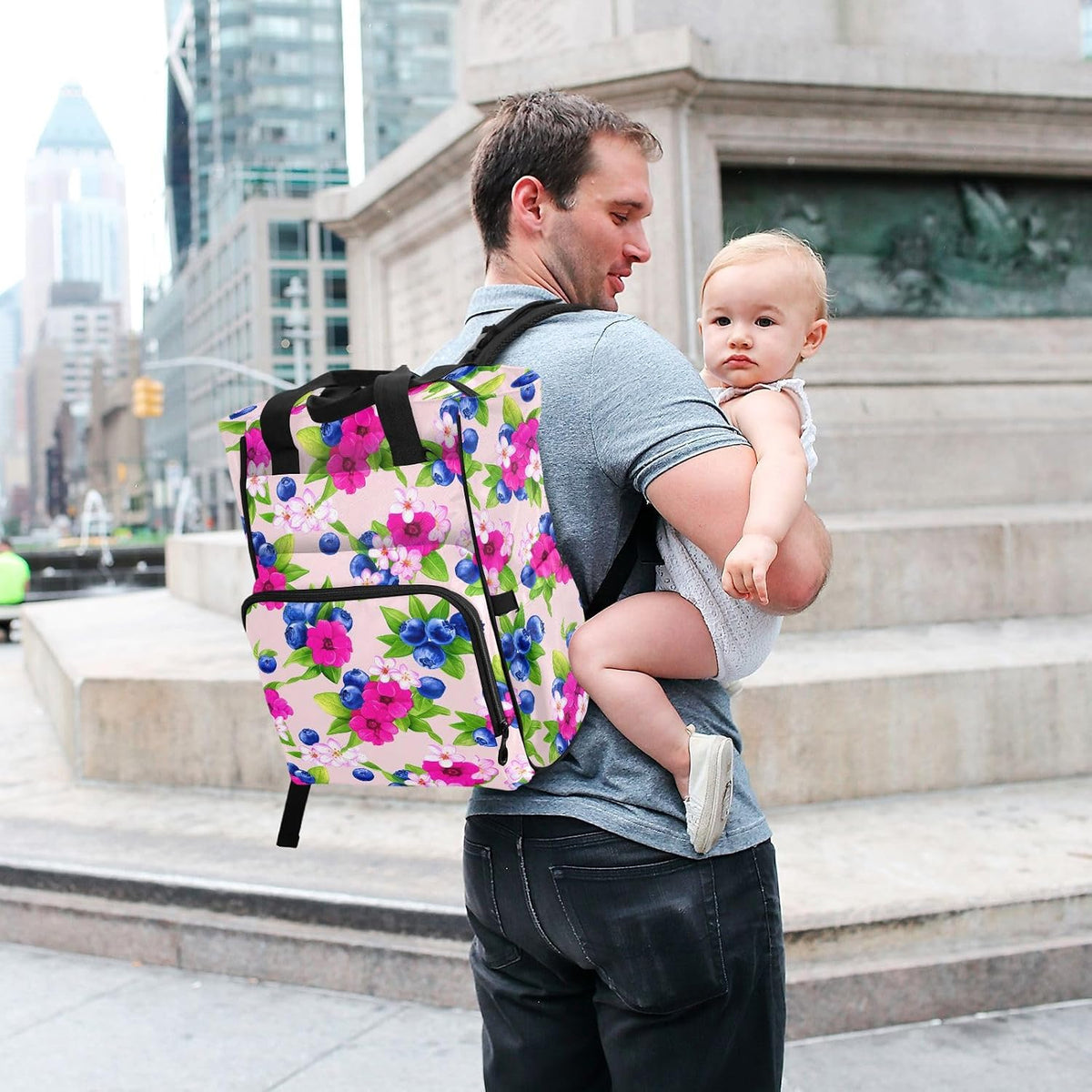 Diaper Bag Backpack, Multifunction Travel Bag for Moms Dads, Baby Changing Bag with Insulted Pockets, Stroller Straps and Side Bottle Pockets Berry Blossom Pattern