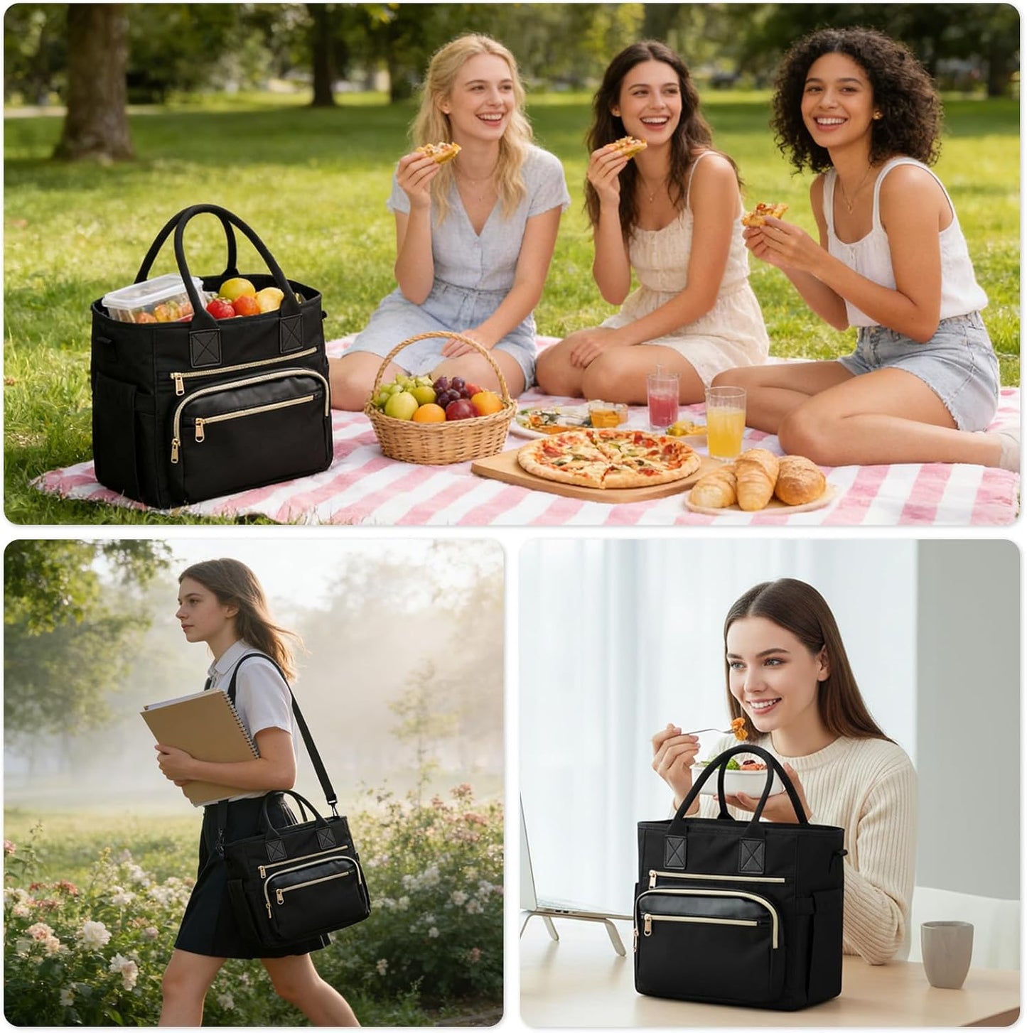 Pomodeee Insulated Lunch Bag for Women, Leakproof Tote with Strap & Cup Holder