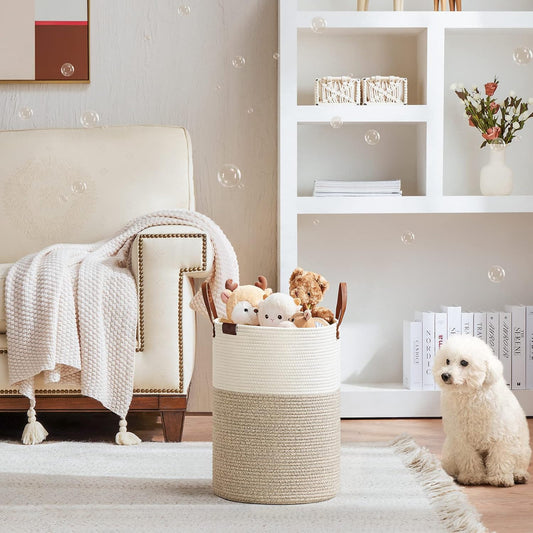 Tall Laundry Basket, Large Dirty Clothes Hamper with Leather Handle, Woven Rope Storage Basket for Blanket, Toy In Living Room, Bathroom, Bedroom - 58L White & Brown