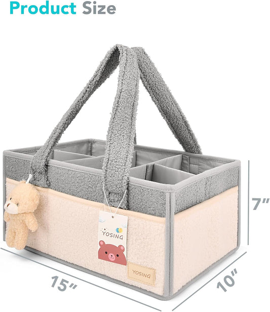 Diaper Caddy Organizer with 13 Pockets & Removable Dividers - Portable Baby Storage Basket for Nursery, Car Travel & Newborn Essentials, Green+ White