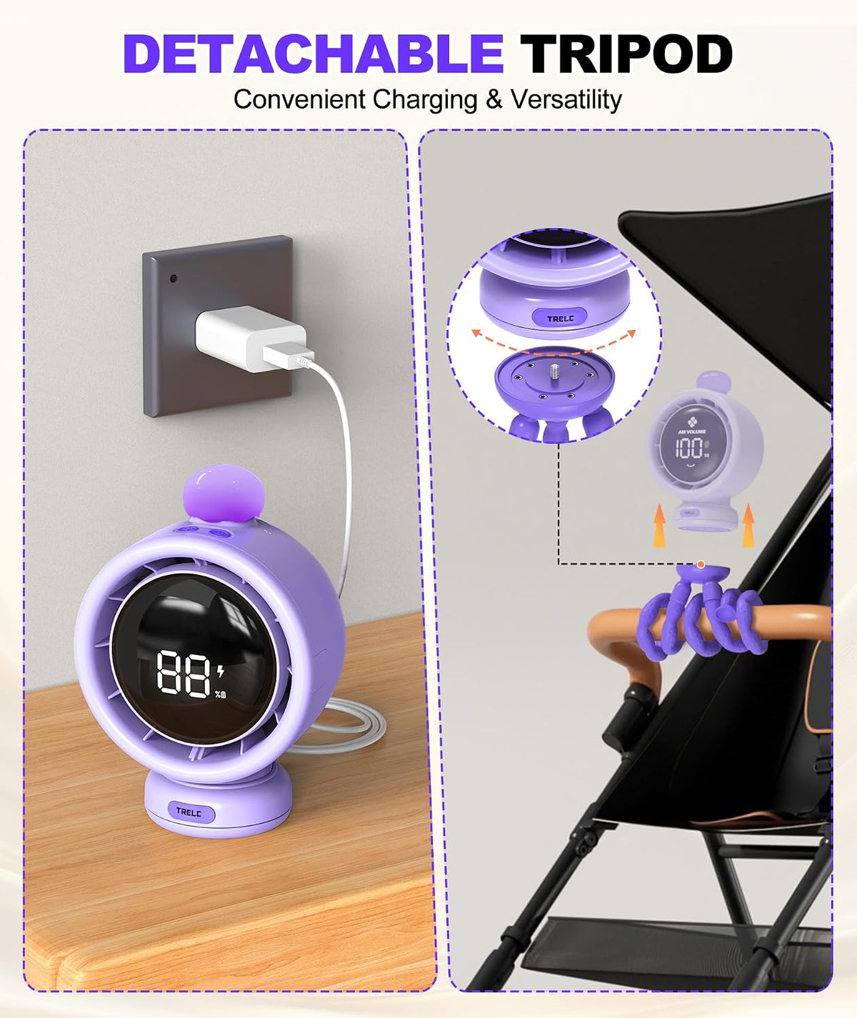 Baby Stroller Fan Large, Portable Bladeless Fan, 1-100 Speeds Quiet Turbo Stroller Fan with LED Display & Night Light, 3800mA Rechargeable Cooling Fans for Car Seat (Orange)
