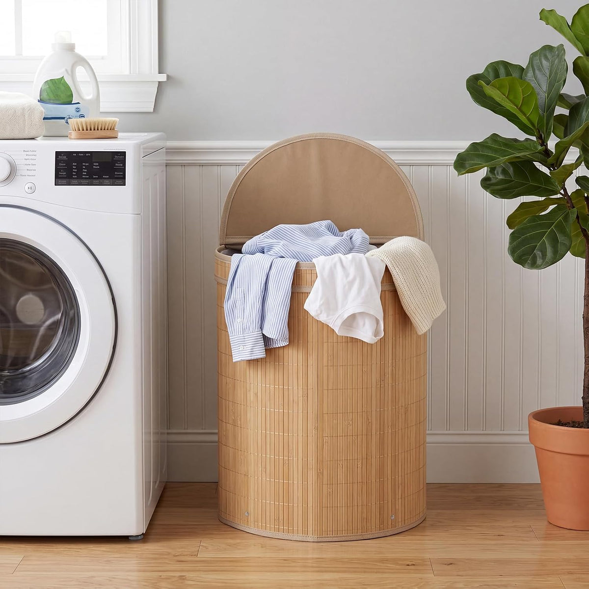 Bamboo Laundry Hamper with Zippered Lid, 16 Gal Large Capacity Clothes Hamper w/Removable Liner, Half Moon Laundry Basket for Bedroom, Bathroom, Laundry Room (Natural)