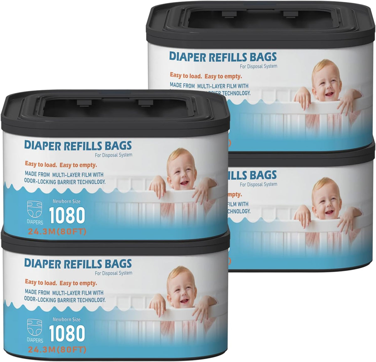 Jumbo+ Square Refills Disposal Bags Refill (Baby Powder Scent) Compatible with Diaper Genie Classic, Compact, Premier and Select Pails, Hold Up to 1080 Newborn-Sized Diapers Per Refill
