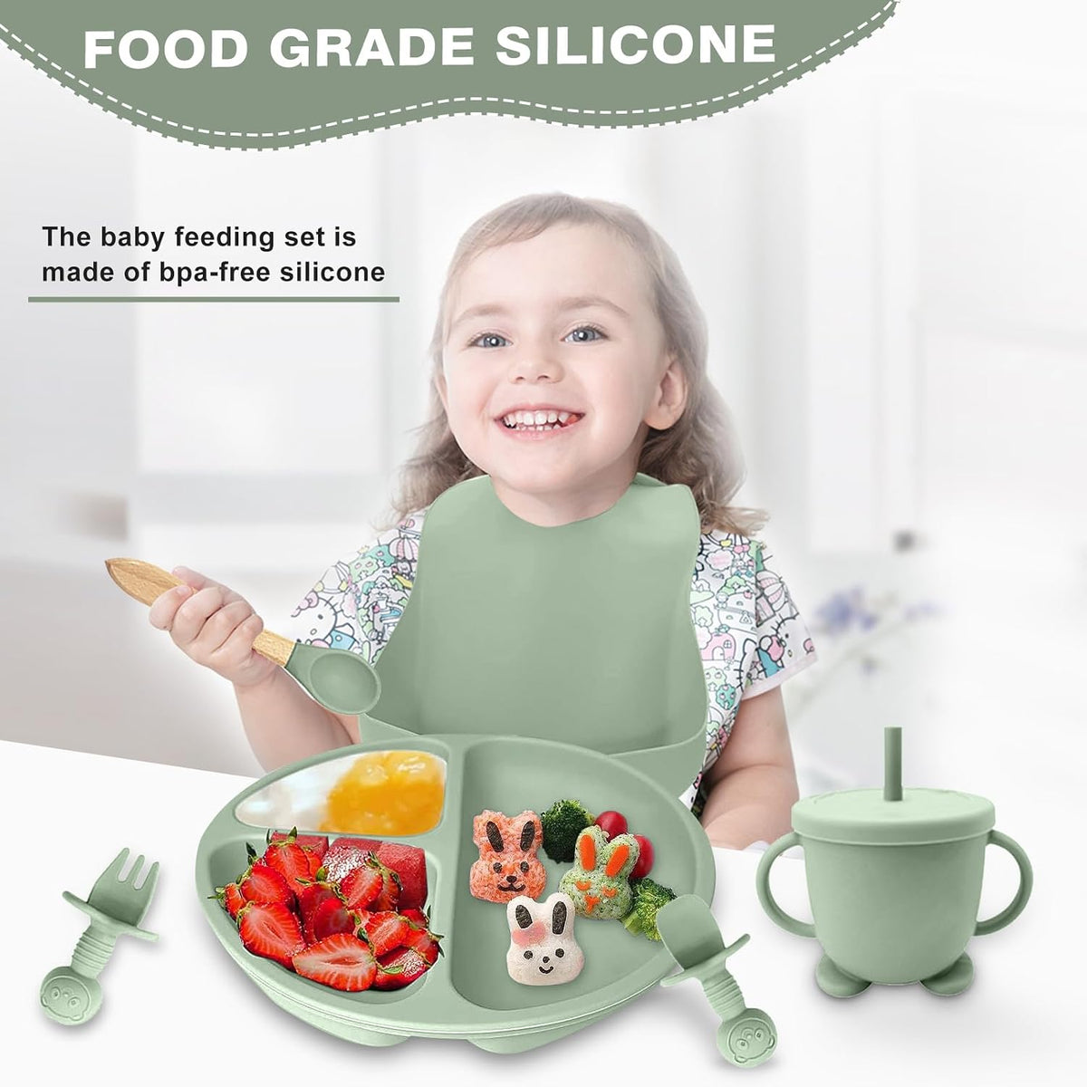 Silicone Baby Feeding Set, Toddler Feeding Set 12 Pcs, Suction Bowl and Baby Plate, Silicone Bib,Spoon,Fork & Sippy Cup,BPA Free Weaning Set, Baby Cutlery,Baby Gifts & Presents (Green)