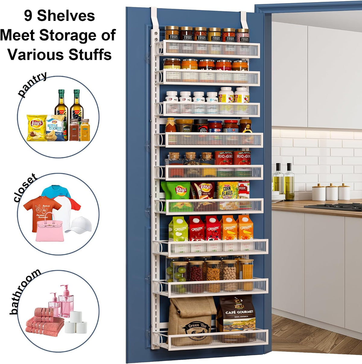 Over the Door Pantry Organizer 8 Tiers Hanging Door or Wall Mounted Spice Rack with Adjustable Acrylic Basket,Heavy Duty Metal Seasoning Storage Shelf for Kitchen Pantry and Bathroom