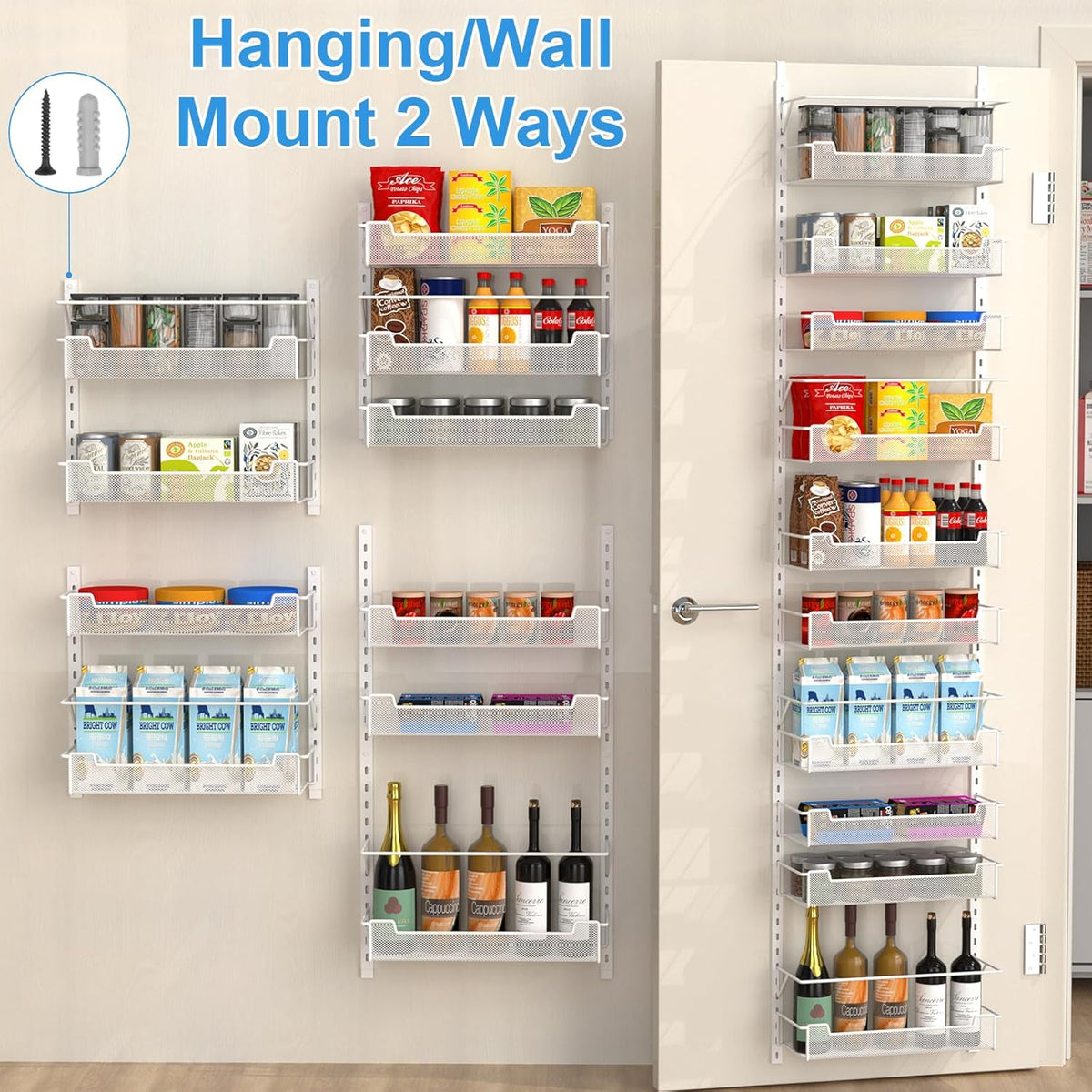 12.3" W Narrow Over the Door Pantry Organizer, 6-Tier Over the Door Organizer with Adjustable Basket, Pantry Door Organization for Pantry Kitchen Storage Room Spice Rack, White