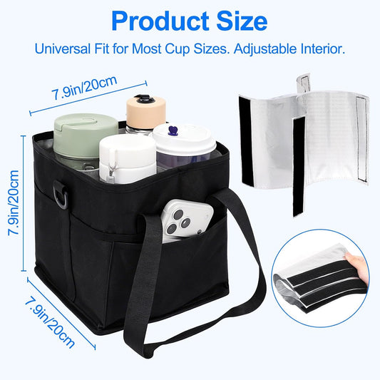 Qiannhee Family Size 4 Compartment Drink Bag - Insulated Reusable Drink Carrier with Adjustable Dividers & Shoulder Strap - Sturdy Portable Cup Holder for Delivery, Picnics, Travel & Outdoor Events