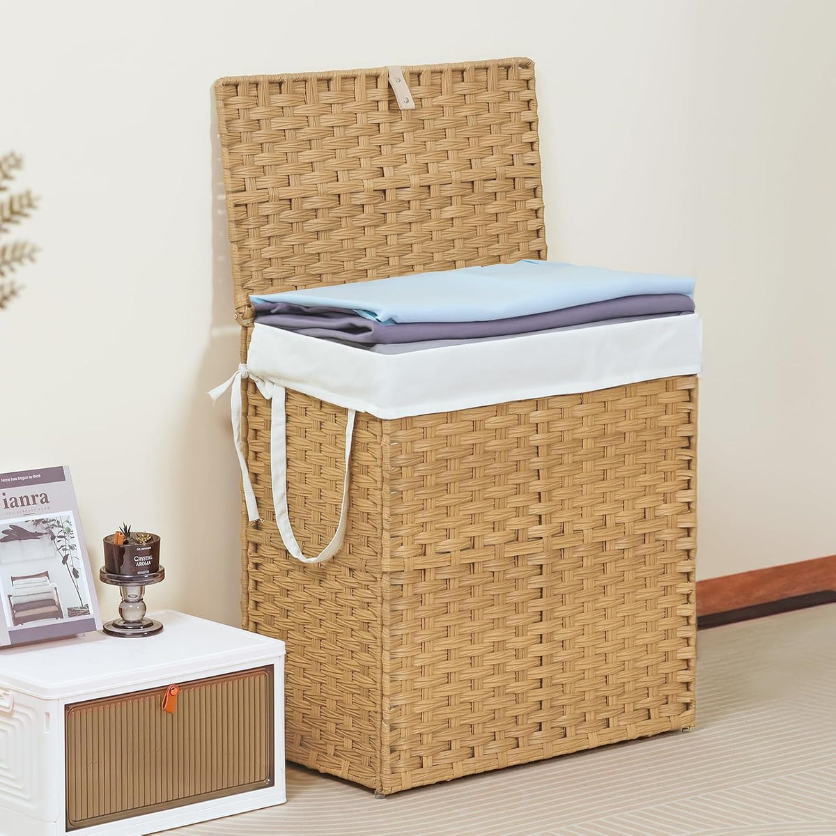 DUMOS Woven Laundry Basket with Lid, 90L Large Capacity Hamper, Removable & Machine-Washable Liner, Foldable Rattan Clothes Hamper, Sturdy Steel Frame, Odor Control, Dove Gray