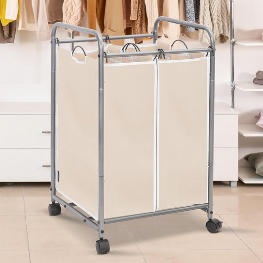 3 Section Laundry Sorter, 35.6 Gal (135 L) Laundry Hamper Cart with Heavy Duty Rolling Lockable Wheels and Removable Bags, Clothes Organizer Basket Separator Hamper, Gray