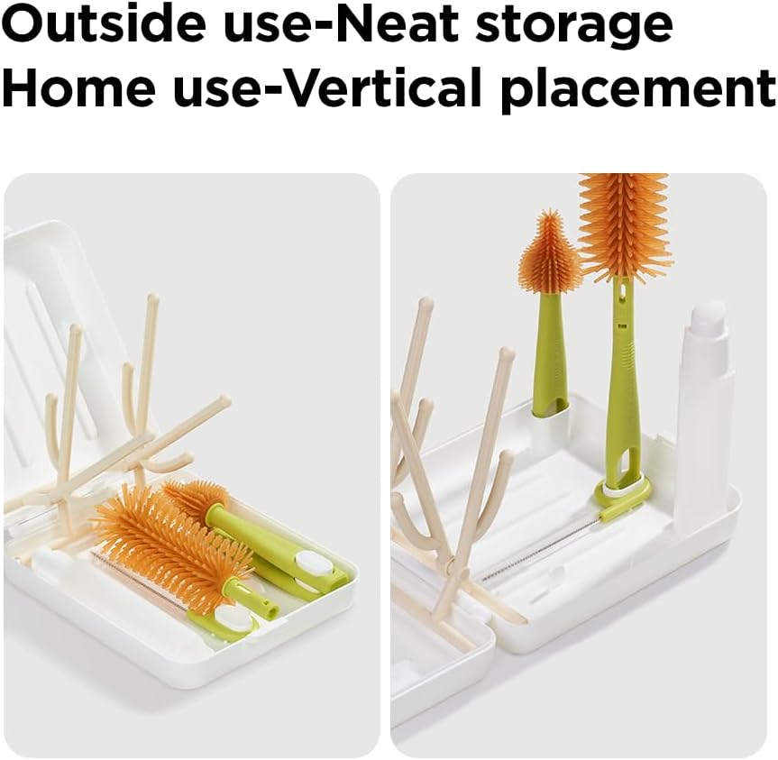 YOTIME Travel Bottle Brush, Travel Bottle Cleaner Kit with Foldable Bottle Drying Rack, for Visit Friends and Relations, Baby Travel Essentials, BPA Free, Green