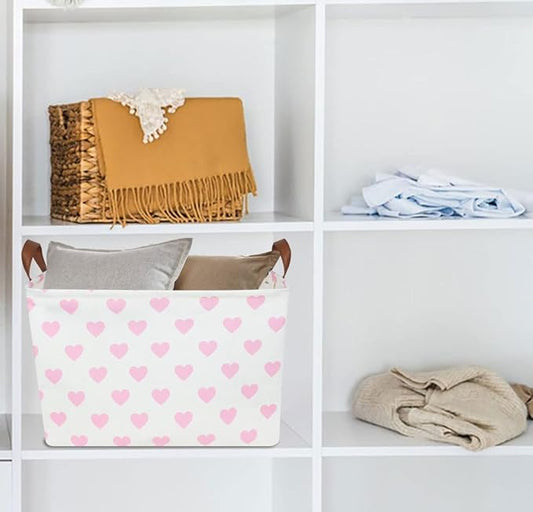 Rectangle Pink Heart Gift Basket,Storage Basket for Girls, Room Decor, Books Shelf Baskets (Pink Heart)
