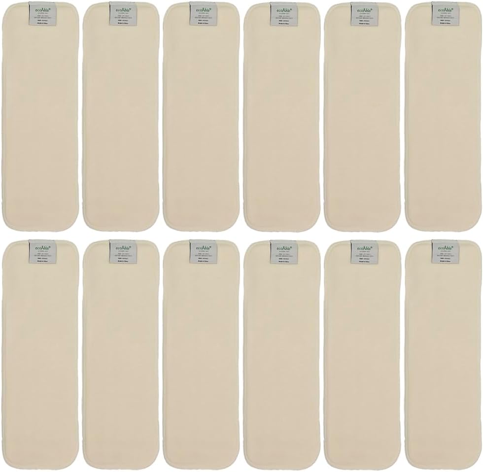 EcoAble 4-Layer Hemp Diaper Inserts – Overnight Boosters for Heavy Wetters – Reusable Absorbency Doublers – Fits Pocket, Cotton Prefold & Cover – Washable Natural Fiber Liners (Pack of 5)