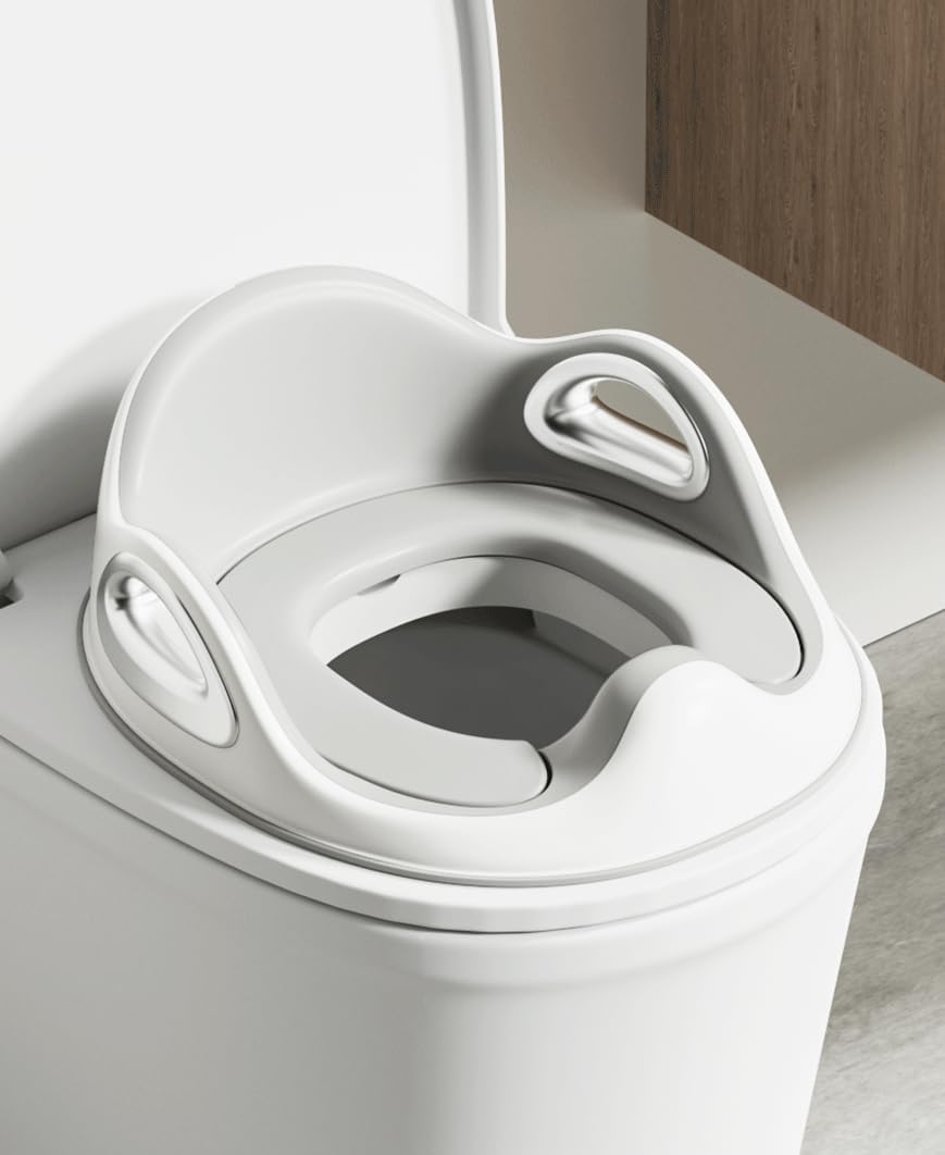 Potty Training Toilet Seat, Toddler Toilet Seat Attachment with Safety Handles, Detachable Soft Cushion, Anti-Slip Design and Splash Guard, Baby Potty Seats for Kids, Boys and Girls (Grey)