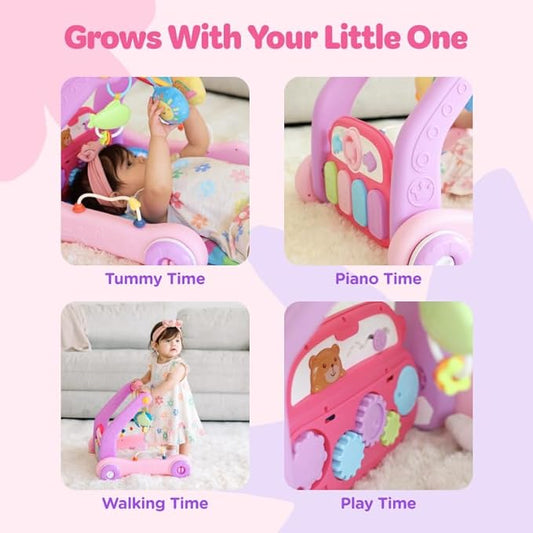Move2Play, 4-in-1 Baby Play Mat & Activity Center Gym | Walker | Infant Toy for Tummy Time | Birthday Gift for 3, 4, 5, 6, 7, 8, 9, 10, 12 + Month Old Boys & Girls (Pink)