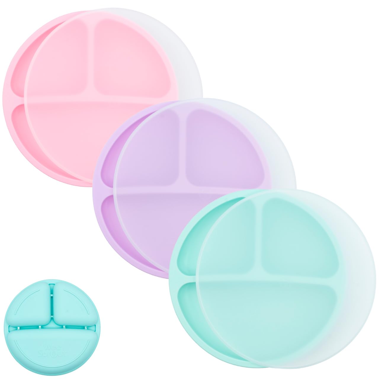 WeeSprout Silicone Plates with Lids for Babies & Toddlers (3 Pack) 100% Food-Grade Dishes for Self Feeding, Divided Design & Raised Edges for Picky Eaters, Dishwasher & Microwave Safe Weaning Supplies