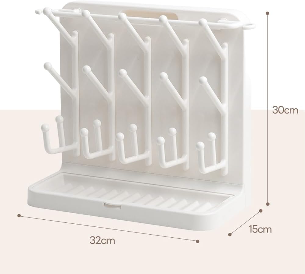 LUNELL Baby Bottle Drying Rack with 20 Hooks and Drip Tray, Large Space Saving Vertical Dryer Holder for Countertop, Storage Organizer for Pump Parts, Pacifiers, with Brush Holder, Ivory White