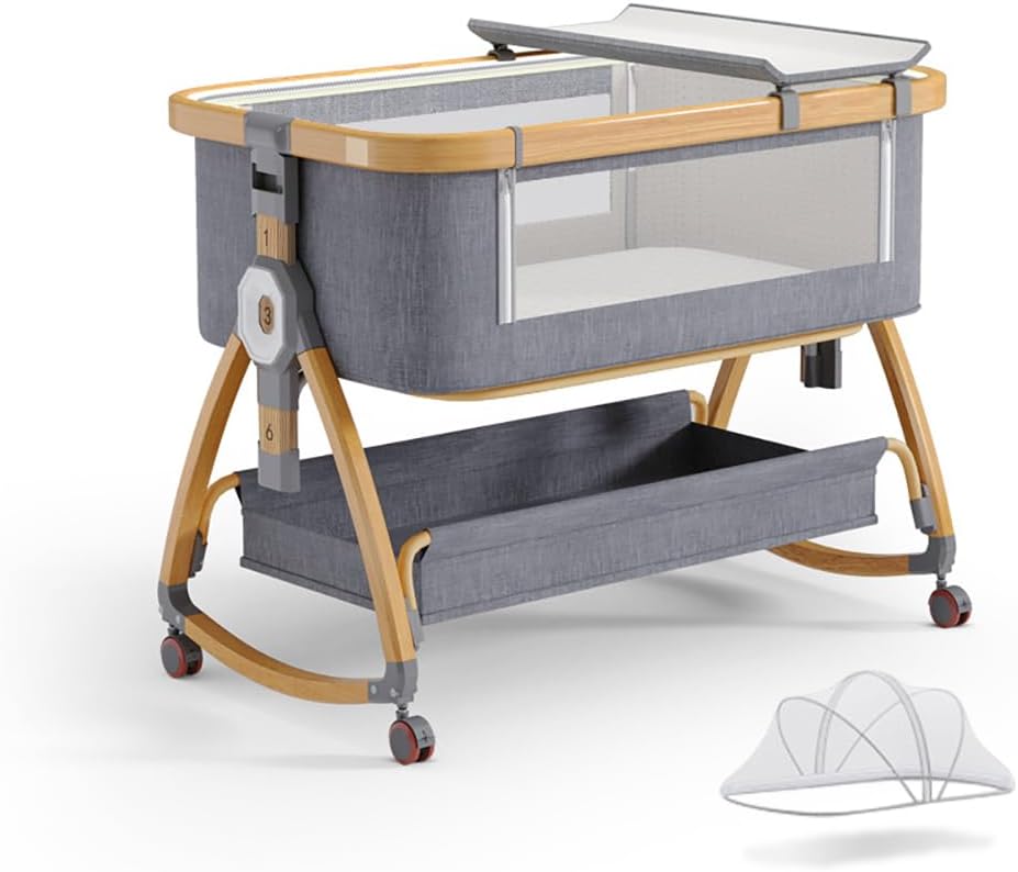 Baby Bassinet, Bedside Bassinet for Baby, 4 in 1 Portable Bassinet Bedside Sleeper with Wheels Mosquito Net & Storage Basket, 6 Height Adjustable Rocking Bassinet for Newborn Baby