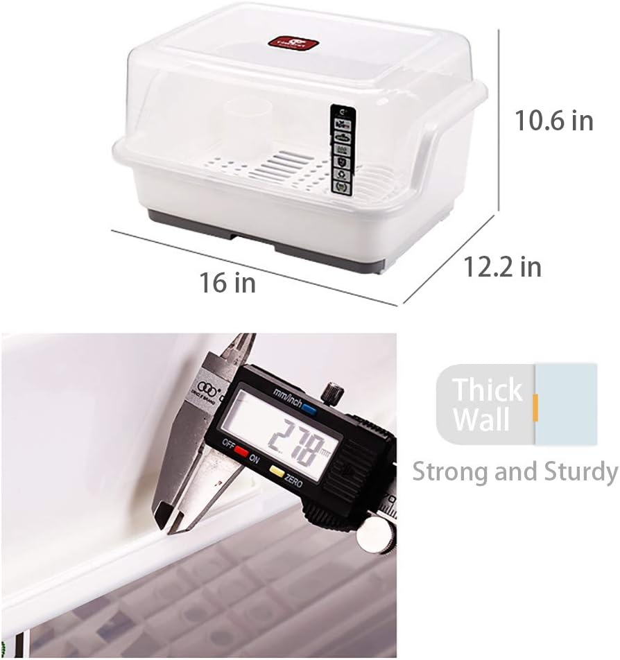 Tomorotec Medium Size Dish Drying Rack and Drain Board with Lid Cover, 16" x 12.2" x 10.6" Nursing Bottle Holder, Kitchen Plate Cup Tray Cutlery Drainer
