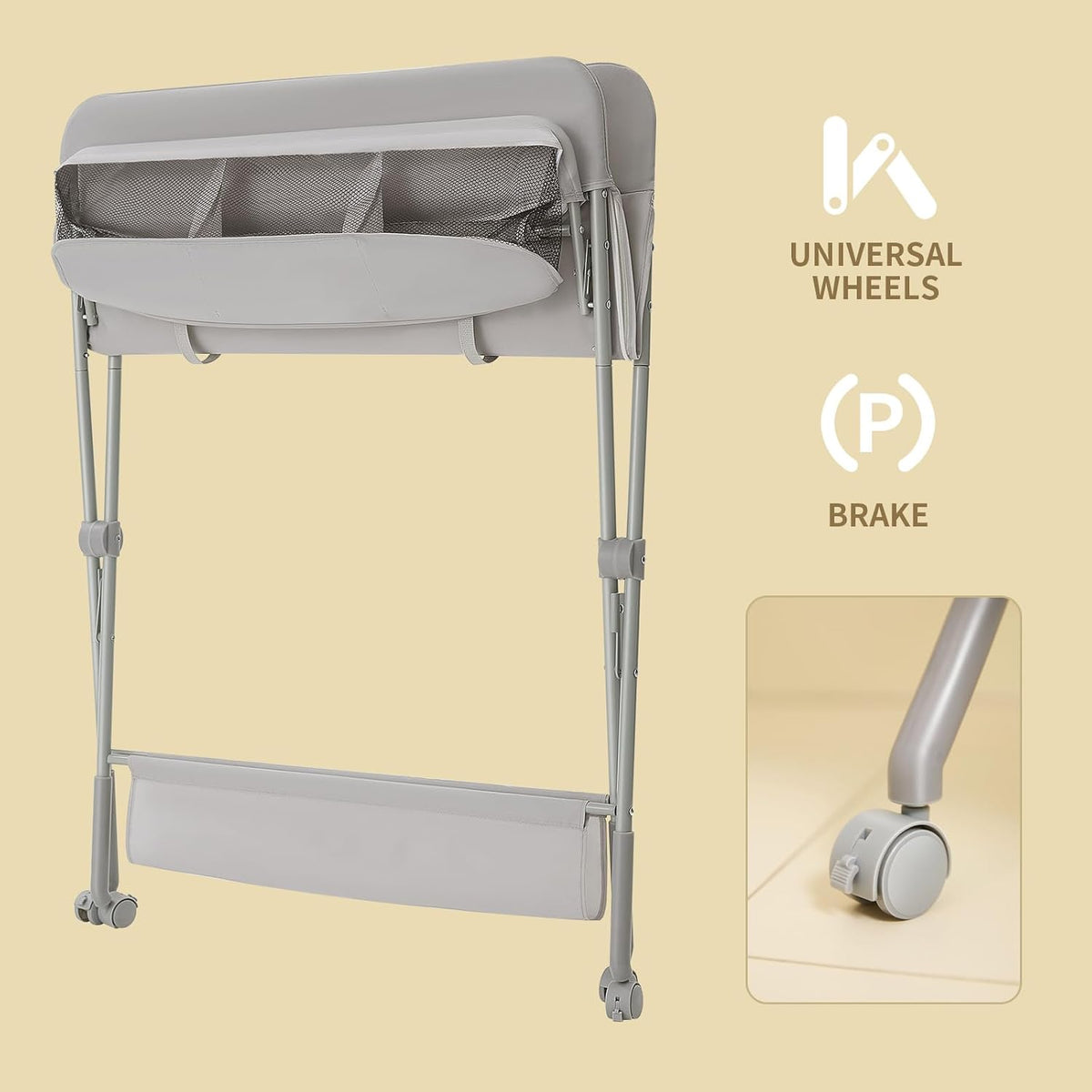 Baby Changing Table with Wheels, Portable Diaper Changing Station with 4-Level Height Adjustment & Storage Rack for Newborn, Infant(Light Grey)