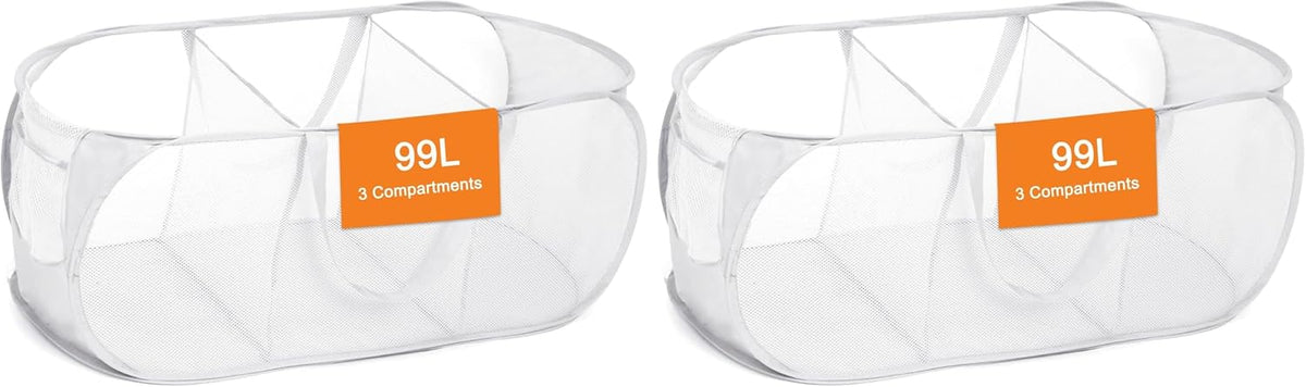 Foldable Laundry Baskets, Collapsible Mesh Laundry Hamper, Durable Pop Up Laundry Basket, 3 Compartments Clothes Hampers for Laundry, Easy to Carry & Sort for Dorm, Home, Kids Room, Travel Black