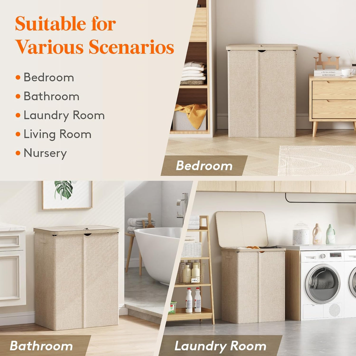165L Large Laundry Basket with Lid, Laundry Hamper with Plastic Handles and Removable Bag, Foldable Tall Dirty Clothes Hampers for Laundry for Laundry Room, Bedroom, Bathroom, Dorm, Beige
