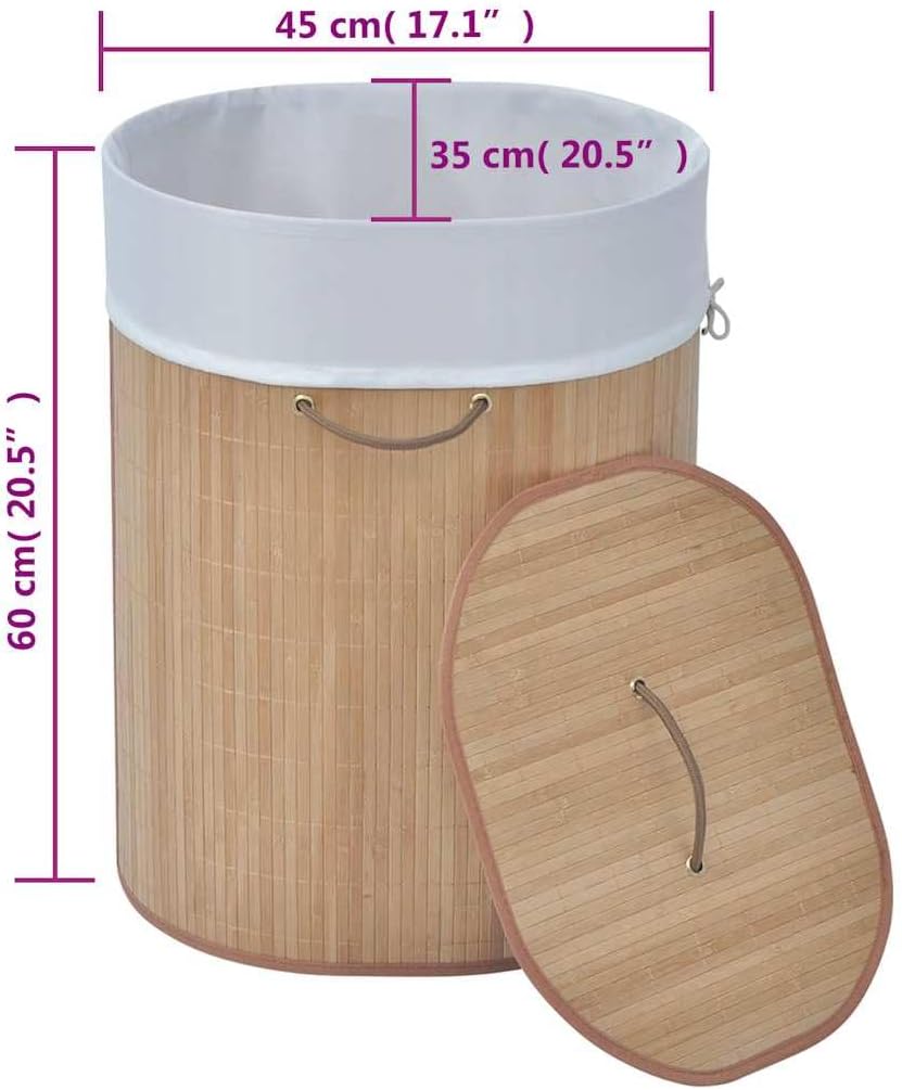 Oval Bamboo Laundry Bin with Removable Liner, Foldable Clothes Hamper with Handles for Bedroom, Bathroom, or Kids Toy Storage