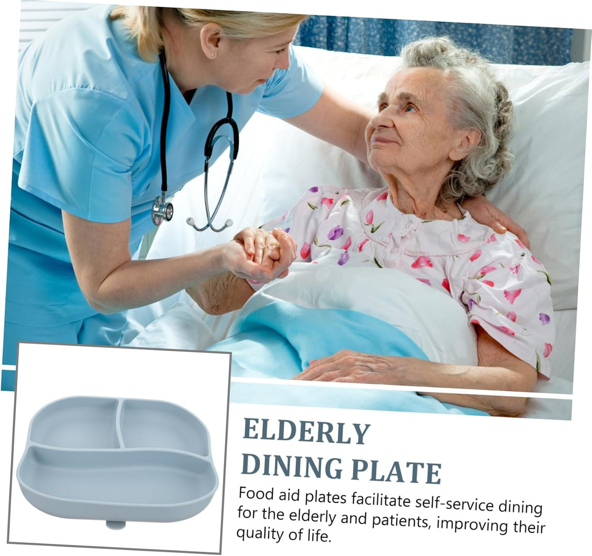 Divided Food Plate Silicone with Suction Cup for Elderly Patients