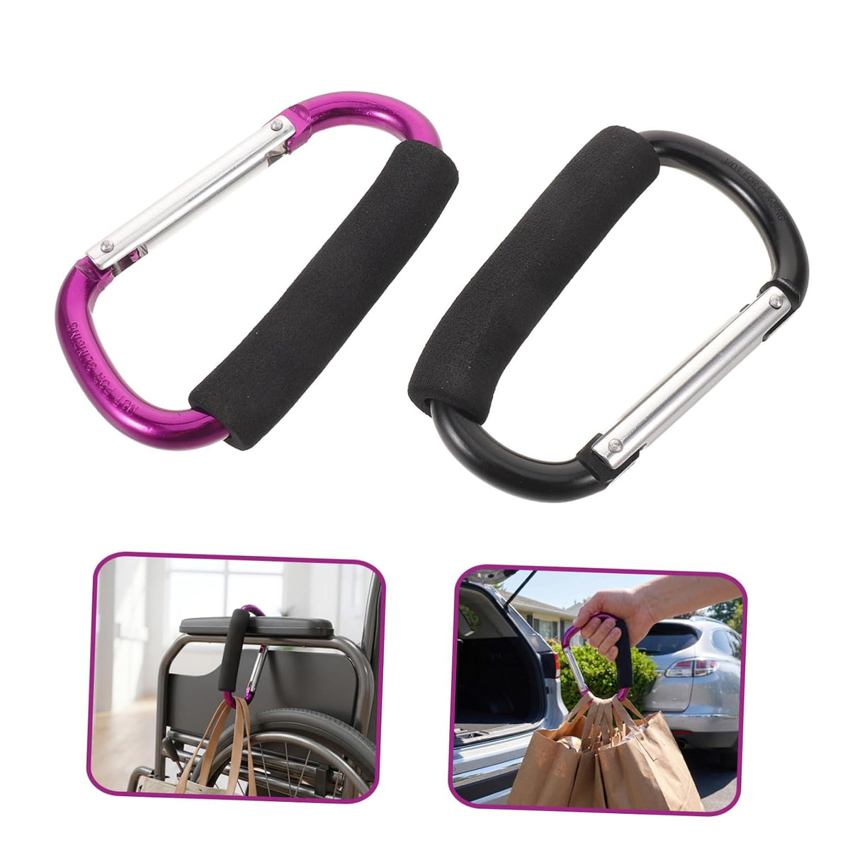 2pcs Heavy Duty Stroller Hooks 5.24 Inch Large Aluminum Alloy Carabiner Clip with Comfortable Sponge Handle, Multipurpose Bag Hooks for Shopping Cart, Wheelchair, Walker, and Pet