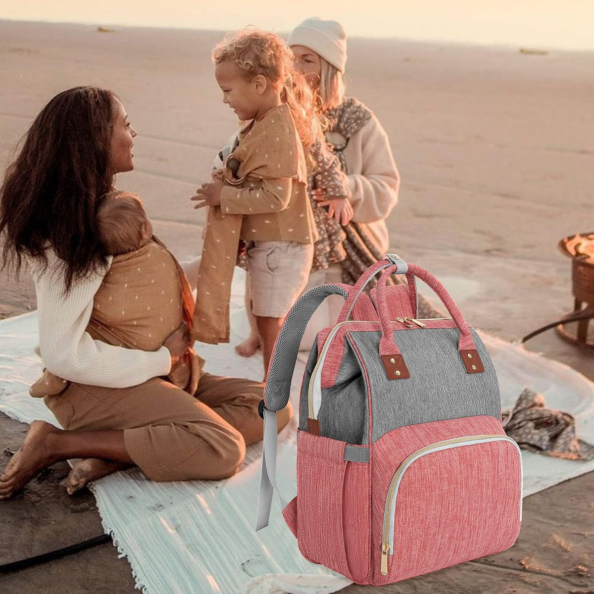 Diaper Bag Backpack Multi-Function Baby Bag With Large Capacity and Insulated Pockets Diaper Backpack Organizer Bag for Mom/Dad, Pink+Gray