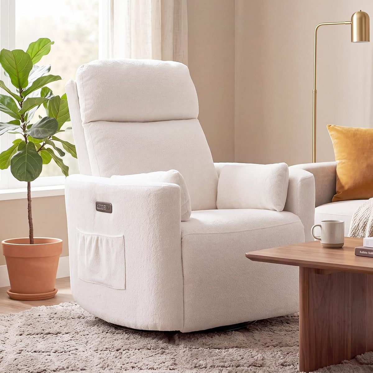 Oversized Swivel Rocker Recliner with Massage and Heat, Swivel Nursery Recliner With Adjustable Headrest, Manual Rocker Recliner Chair with Two Removable Pillows, High Back Barrel Armchair,White