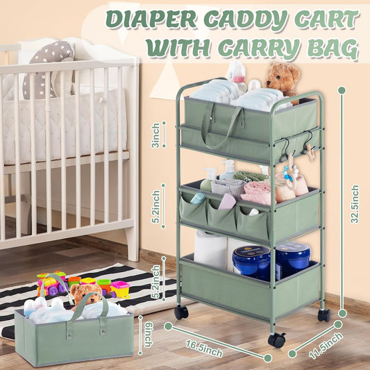 2in1 Baby Diaper Caddy Organizer Cart Bedside Rolling Cart, Green