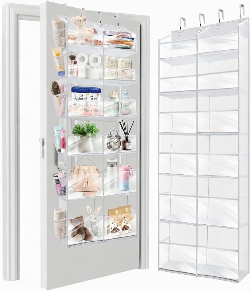 HOMELUX THEORY UPGRADED 6 Tiers Over The Door Organizer Hanging - 100D EXTRA THICK & 50lbs HUGE CAPACITY, 12 Side Mesh Pockets Over The Door Shoe Organizer, Hanging Closet Organizer (Ivory, 1pc)