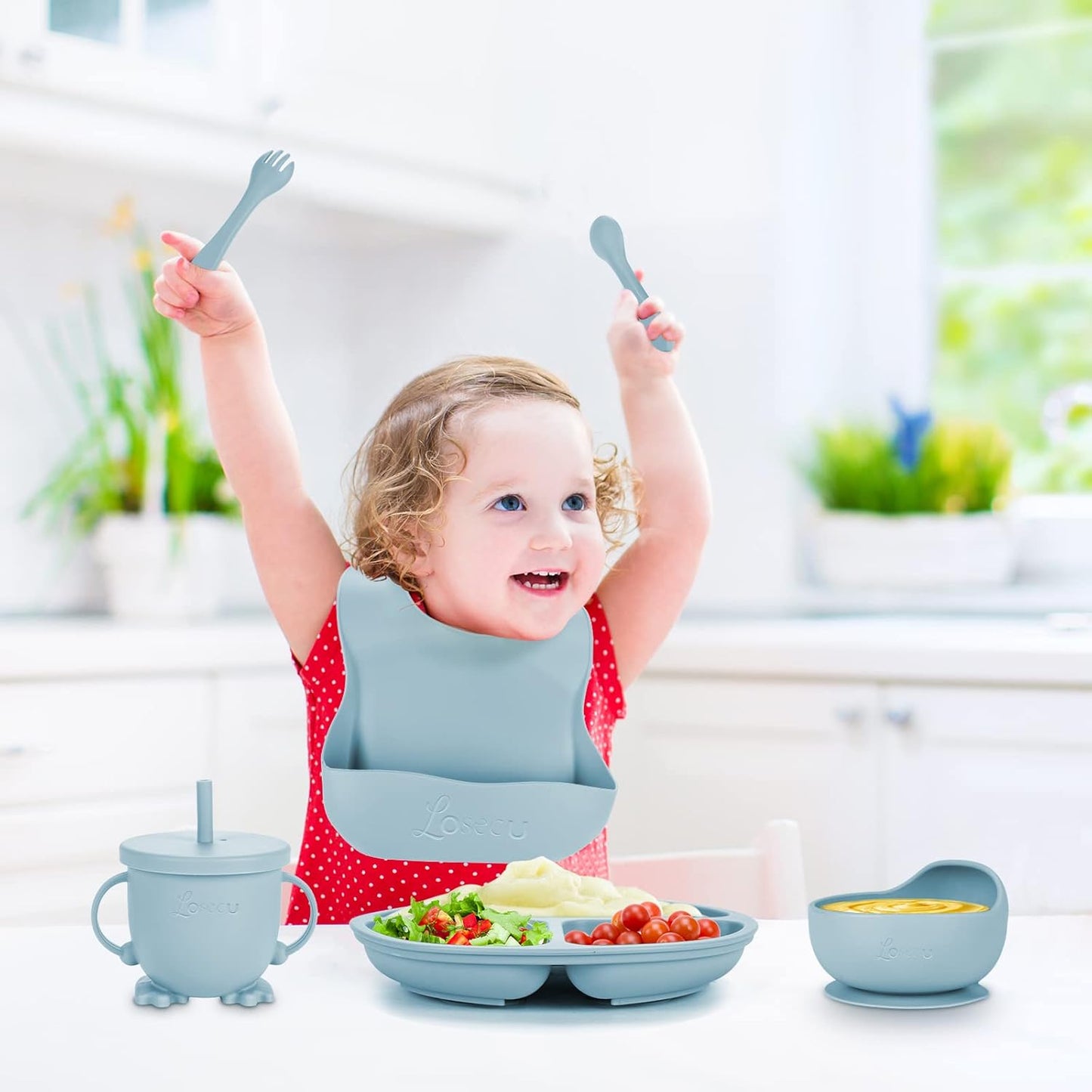 Silicone Feeding Set|Baby Led Weaning Supplies|Suction Plate Bowl Set with Bib, Spoon, Fork, Sippy Cup|Feeding Eating Supplies BPA Free