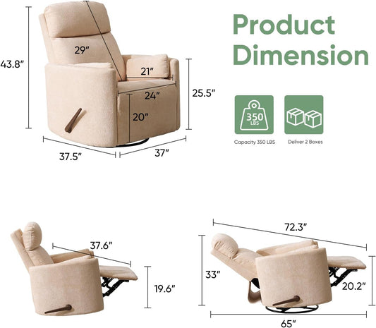 Oversized Swivel Rocker Recliner Chair with Heat and Massage, Rocking Chair with Adjustable Headrest, Manual Recliner, Glider Recliner with 2 Pillows, Chenille White