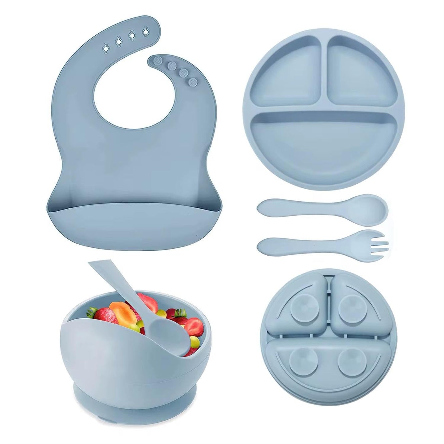 7-Piece Silicone Baby Feeding Set, Non-Toxic Plates and Utensils, Includes Divided Plate, Suction Bowl, Sippy Cup, Bib, Spoons and Fork (blue)