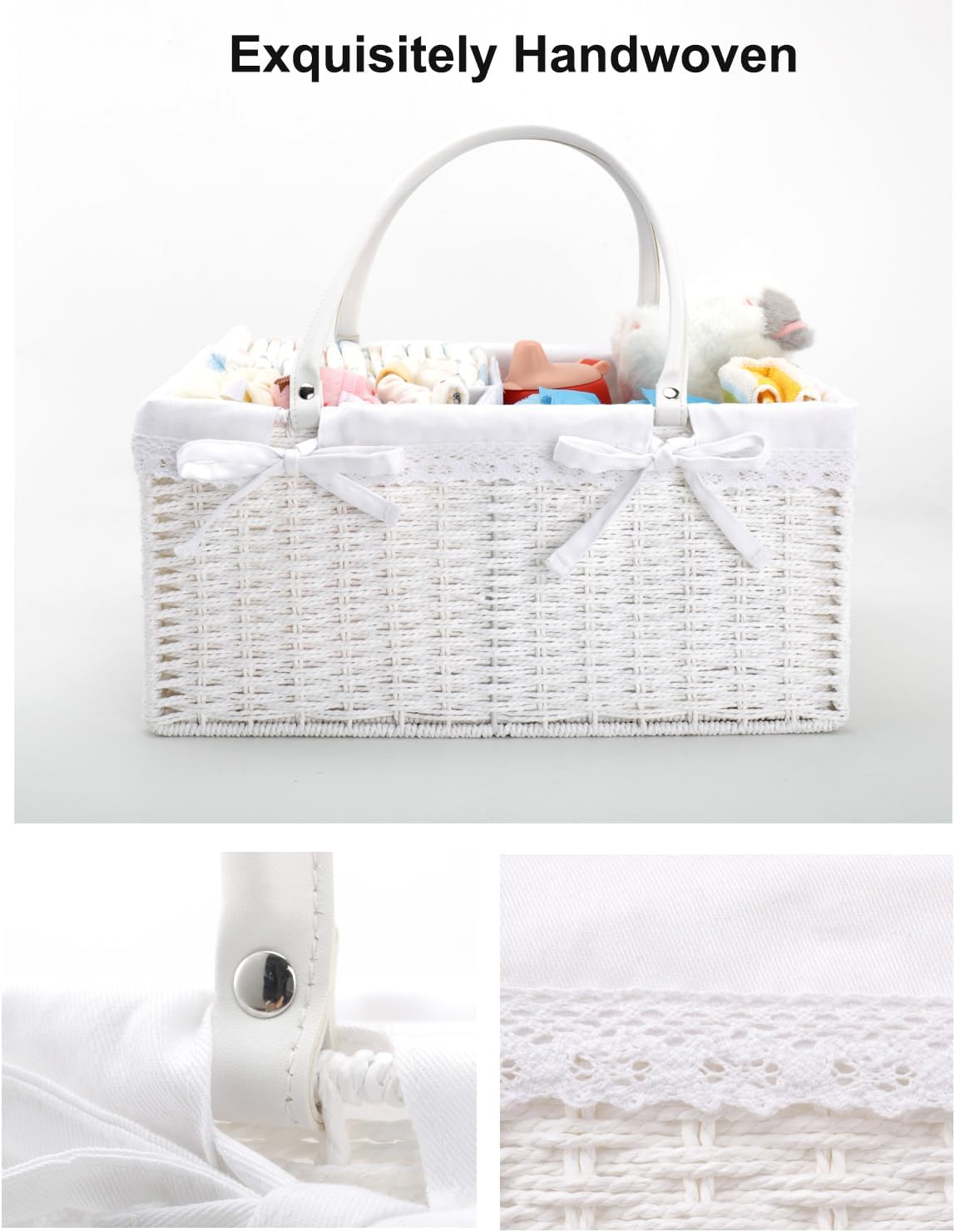 Large Baby Diaper Caddy Basket - Wicker Paper Rope Storage Baskets Portable Woven Car Organizer for Diapers With Cotton Divider Brown