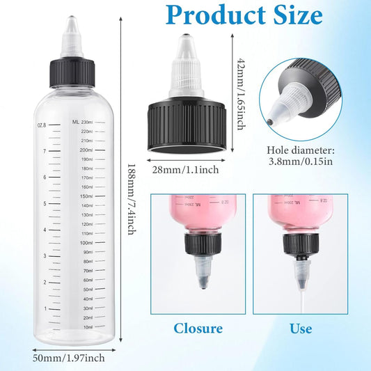 2 Pack 8.5oz Hair Dye Applicator Bottles Clear Plastic Squeeze Bottle with Graduated Scale and Twist-On Tip Cap Hair Oil Color Dispenser for Salon Stylist Home Use