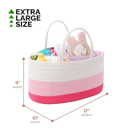 luxury little Diaper Caddy Organizer, Large Cotton Rope Nursery Baby Basket, Changing Table Organizer for Baby Diaper Storage, Portable Car Organizer Removable Divider (Pink, Extra Large)