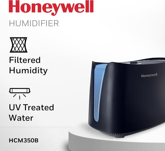 Honeywell Cool Moisture Humidifier For Bedroom, Medium Rooms, 1.1 Gallon, Invisible Moisture Humidifier for Baby, Kids, Quiet, Easy to Clean, UV Technology, Black, HCM350B