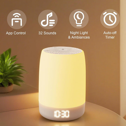 White Noise Machine Alarm Clock for Baby Adults Kids with 32 Soothing Sounds 8 Colors Rainbow Breathing Light,Toddler Sleep Trainer with Timer, App Remote Control,Bluetooth Playback for Bedroom