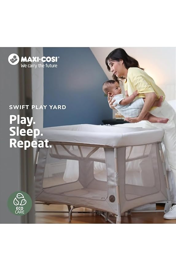 Maxi-COSI Swift Baby Playard with Mat, Baby Playpen, Play Yard with Bassinet, Portable Playpen for Babies and Toddlers, Onyx Sand