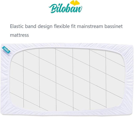 Biloban Bassinet Mattress Pad Cover, 2 Pack, Waterproof Quilted Ultra Soft Viscose Made from Bamboo Terry Surface, Fits Cloud Baby/Yacul Bedside Crib, White, 20"W x 30"L