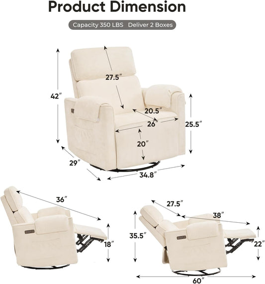 Oversized Power Rocker Recliner Chair, 26" Extra Wide Swivel Recliner with Adjustable Headrest, Chenille Glider Rocking Nursery Chair with Overstuffed Armrest, USB Ports, Cream