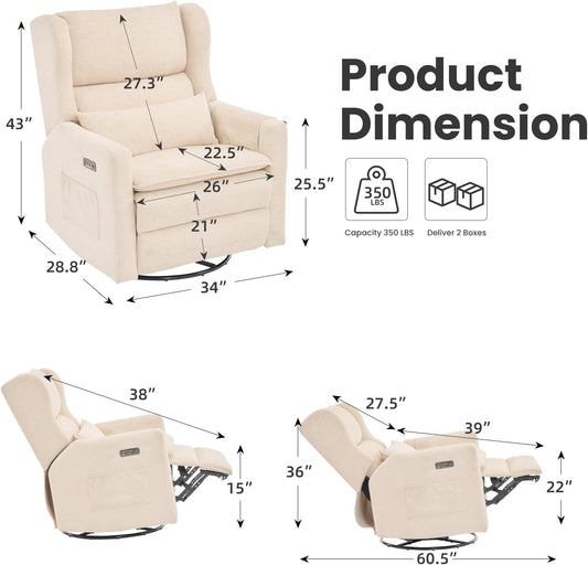 Power Recliner Chair Swivel Glider with Adjustable Headrest,Oversized Swivel Rocker Recliner with Lumbar Support, Upholstered Nursery Glider Recliner for Living Room,White