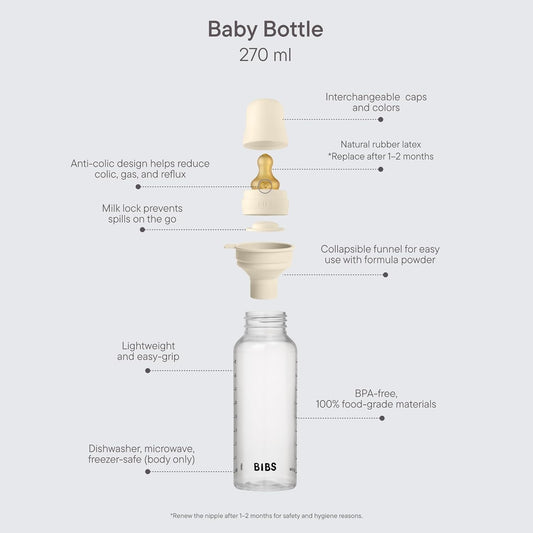 BIBS Baby Bottle 5 oz / 150 ml Silicone Nipple 2 Pack - Anti-Colic, BPA-Free, Round Nipple, Slow Flow, Lightweight & Easy to Clean, Suitable for Newborns 0+ Years - Ivory