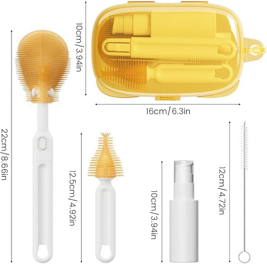 6-in-1 Baby Bottle Brush with 3 Brushes Drying Rack and Travel Bottle, Baby Bottle Brush Cleaner Set Food-Grade Silicone