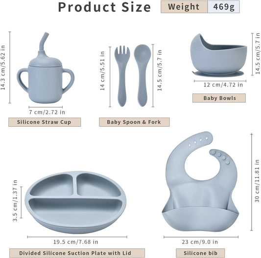 Baby Silicone Feeding Set, Baby Weaning Set, Baby Essentials, Includes Baby Spoons, Baby Bibs, Suction Plates for Baby, Baby Bowls, Food Grade Silicone, BPA Free (A-1)