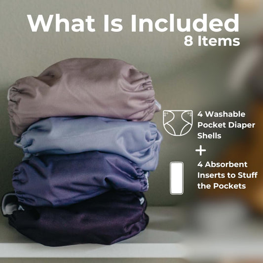 Nora's Nursery Cloth Pocket Diapers 4 Pack with 4 Inserts - Waterproof Cover, Washable, Reusable & One Size Adjustable Pocket Diapers for Newborns and Toddlers - Mama Bear