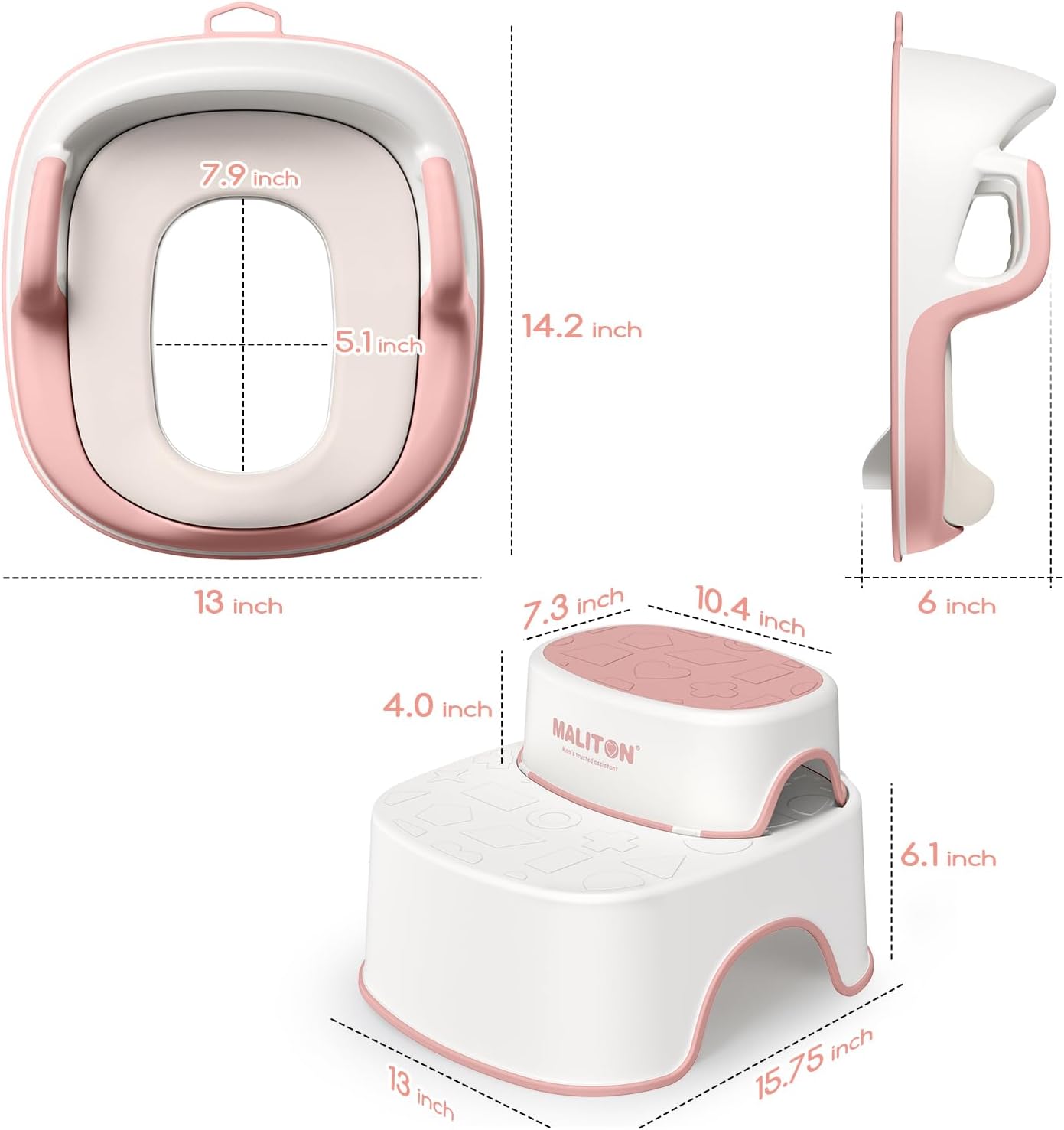 Maliton Baby Potty Training Seat with Step Stool, Potty Training Toilet for Boys Girls, Anti-Slip Toddler Stool for Bathroom, Kitchen, Toddler Toilet Seat Set(One Potty Seat+Two Step Stool for Kids)