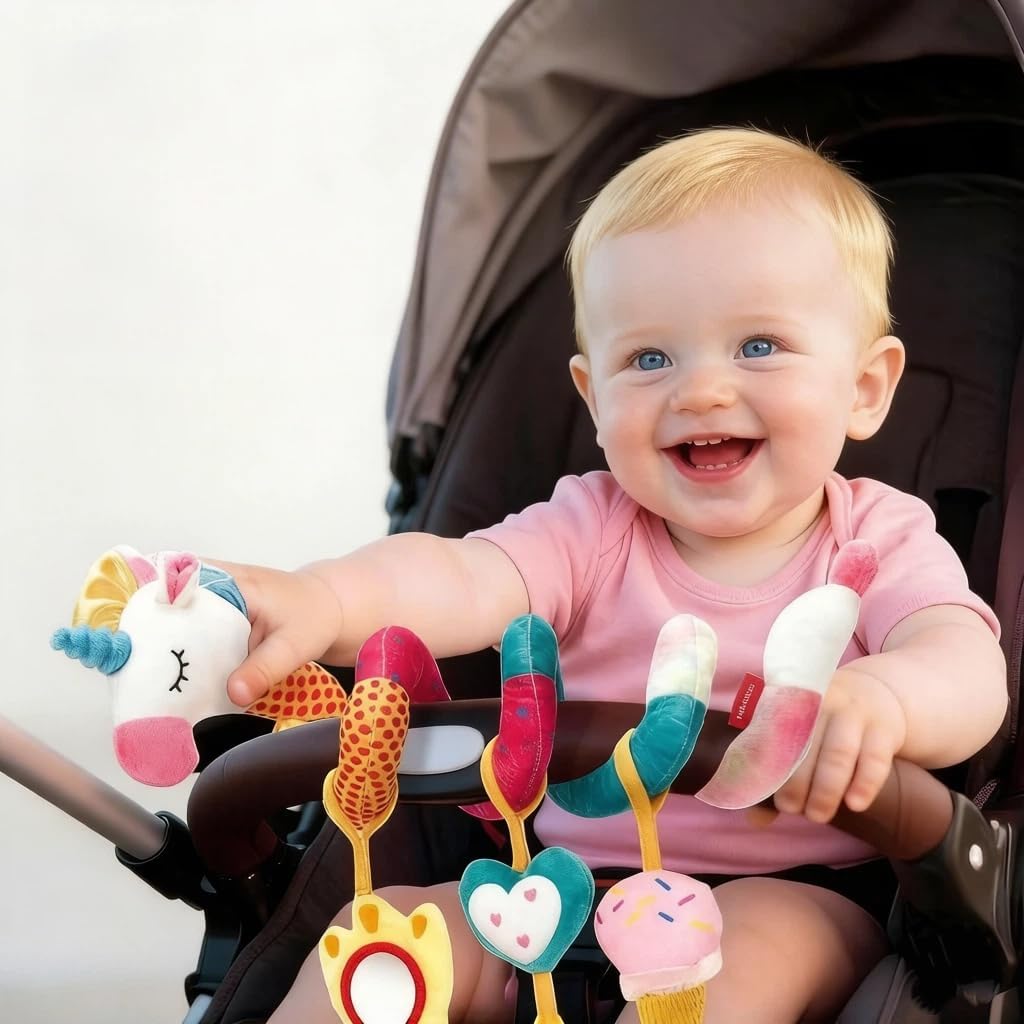 Spiral Car Seat & Stroller Activity Toys-Baby Sensory Toys for Babies 0-12 Months Boys Girls - Hanging Toys Carseat Crib Stroller, withbRattle, Mirror, Crinkle, Squeaky Baby Gifts 02